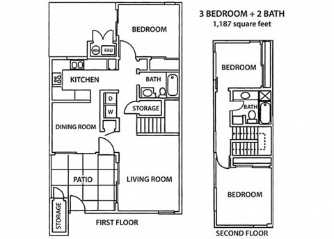 Floor plan for 3 beds, 2 baths, 1187 sqft